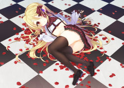 Rule 34 | bad id, bad pixiv id, black thighhighs, blonde hair, blush, checkered floor, chuunibyou, commentary request, fingerless gloves, gloves, hair ribbon, long hair, long sleeves, lying, mirei, on side, original, petals, pointy ears, red eyes, ribbon, skirt, solo, suspenders, thighhighs