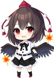 Rule 34 | 1girl, 7saki, :d, bad id, bad pixiv id, bird wings, black bow, black bowtie, black hair, black skirt, black wings, blush, bow, bowtie, camera, chibi, commentary request, feathered wings, full body, hat, holding, holding camera, leaf, looking at viewer, maple leaf, open mouth, petticoat, pom pom (clothes), puffy short sleeves, puffy sleeves, red eyes, red hat, shameimaru aya, shirt, short hair, short sleeves, simple background, skirt, smile, solo, standing, tokin hat, touhou, white background, white shirt, wing collar, wings