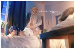 Rule 34 | 1boy, 1girl, artist name, ass, bed, blonde hair, blue hair, curtains, dated, doggystyle, earrings, closed eyes, faceless, faceless male, hetero, highres, hu dako, indoors, jewelry, long sleeves, motion lines, on bed, open clothes, open shirt, original, sex, sex from behind, shirt, short hair, white shirt, window