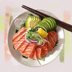 Rule 34 | avocado, chopsticks, fish (food), food, food focus, food request, leaf, monchi (dldrmfi), no humans, onion, original, plate, sashimi, seed, shadow, still life