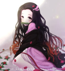 Rule 34 | 1girl, absurdres, artist name, bamboo, black hair, blurry, blurry foreground, blush, brown hair, commentary request, depth of field, flower, forehead, from side, gag, gradient background, gradient hair, grey background, hair ribbon, highres, japanese clothes, kamado nezuko, kimetsu no yaiba, kimono, lawnielle, long hair, looking at viewer, looking to the side, mouth hold, multicolored hair, off shoulder, parted bangs, petals, pink eyes, pink kimono, pink ribbon, red flower, ribbon, solo, very long hair, white background