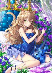 Rule 34 | 1girl, ahoge, animal ears, bad id, bad pixiv id, bare arms, bare shoulders, blue choker, blue dress, blue footwear, blush, breasts, cat ears, cat girl, cat tail, choker, cleavage, closed mouth, collarbone, commentary request, crying, crying with eyes open, curly hair, dress, flower, green eyes, hair between eyes, holding, instrument, light brown hair, long hair, looking at viewer, original, pink flower, potion, purple flower, purple rose, rose, shoes, sitting, small breasts, solo, spill, strapless, strapless dress, tail, tears, transparent, uchuu gorira, very long hair, violin, wariza