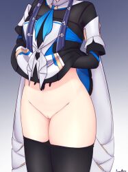 Rule 34 | 1girl, absurdres, black gloves, black pantyhose, black shirt, blue neckerchief, cleft of venus, clothes lift, clothes pull, elbow gloves, gloves, gradient background, groin, head out of frame, highres, honkai: star rail, honkai (series), lower body, neckerchief, pantyhose, pantyhose pull, pela (honkai: star rail), pussy, puwadoro xv, shirt, shirt lift, short sleeves, signature, simple background, solo, thighs