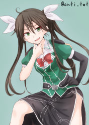 Rule 34 | &gt;:d, 10s, 1girl, :d, anti (untea9), black gloves, blush, brown hair, elbow gloves, gloves, green background, green eyes, hair ribbon, hand on own chin, kantai collection, open mouth, pelvic curtain, ribbon, simple background, single elbow glove, single glove, smile, solo, tone (kancolle), tone kai ni (kancolle), twintails, twitter username, v-shaped eyebrows