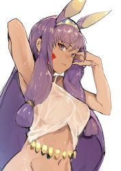 Rule 34 | 1girl, absurdres, bob cut, breasts, cup, dark-skinned female, dark skin, expressionless, fate/grand order, fate (series), fingerless gloves, gloves, hand in own hair, highres, hikima, hiranko, holding, horns, japanese clothes, kimono, long hair, looking ahead, nail polish, navel, nitocris (fate), oni horns, purple hair, purple kimono, purple nails, revealing clothes, sakazuki, see-through, short eyebrows, short hair, simple background, small breasts, solo, very long hair, white background