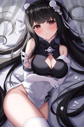 Rule 34 | 1girl, absurdly long hair, absurdres, azur lane, bare shoulders, black hair, breasts, china dress, chinese clothes, cleavage, cleavage cutout, clothing cutout, covered navel, cutout above navel, dress, elbow gloves, gloves, hand on own chest, highres, kuon (kuon), large breasts, long hair, official alternate costume, official alternate hairstyle, pelvic curtain, petals, peter strasser (azur lane), peter strasser (lustrous jade of the golden house) (azur lane), sleeveless, sleeveless dress, smile, twintails, two-tone dress, very long hair, white gloves