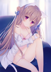 Rule 34 | 1girl, animal ears, armchair, bare legs, bare shoulders, blue ribbon, blurry, blurry background, blush, bow, bow bra, bra, breasts, brown hair, cat ears, cat girl, cat tail, chair, collared shirt, commentary request, cup, curtains, day, depth of field, double bun, groin, hair between eyes, hair ribbon, head tilt, holding, holding cup, indoors, knee up, long hair, long sleeves, looking at viewer, mug, navel, off shoulder, open clothes, open shirt, original, panties, panty pull, pink bra, pink panties, red eyes, ribbon, shirt, sitting, sleeves past wrists, small breasts, solo, sumii, sunlight, tail, underwear, very long hair, white shirt