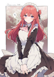 Rule 34 | 1girl, apron, blurry, blurry background, blush, braid, closed mouth, dress, frilled apron, frilled dress, frilled skirt, frills, highres, ikeuchi tanuma, long hair, looking at viewer, maid, maid apron, maid headdress, original, purple eyes, red hair, skirt