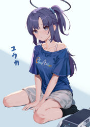 Rule 34 | 1girl, absurdres, black socks, blue archive, blue background, blue shirt, blush, clothes writing, collarbone, commentary request, gradient background, hair ornament, hair scrunchie, halo, highres, long hair, looking at viewer, momosawa nao, off-shoulder shirt, off shoulder, purple hair, scrunchie, shirt, short sleeves, shorts, sitting, socks, solo, translated, wariza, white shorts, wrist scrunchie, yuuka (blue archive)