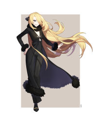 Rule 34 | 1girl, black coat, black footwear, black pants, black shirt, blonde hair, blush, breasts, cleavage, coat, commentary request, creatures (company), cynthia (pokemon), eyelashes, floating hair, full body, fur-trimmed coat, fur collar, fur trim, game freak, grey eyes, hair over one eye, hand on own hip, highres, korean commentary, long hair, long sleeves, mongguri, nintendo, pants, parted lips, pokemon, pokemon dppt, shirt, shoes, smile, solo, standing, very long hair