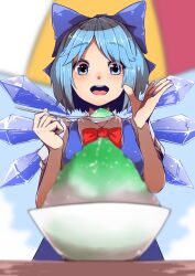 Rule 34 | 1girl, blue bow, blue dress, blue eyes, blue hair, blurry, blurry background, bow, bowtie, cirno, cirno day, detached wings, dress, food, hair bow, highres, holding, holding spoon, ice, ice wings, looking at viewer, open mouth, red bow, red bowtie, shaved ice, short hair, short sleeves, solo, spoon, starraisins, teeth, touhou, upper teeth only, wings