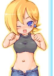 Rule 34 | 1girl, ;d, bemani, blonde hair, blue eyes, blush, breasts, chabo (fuketsudan), cleft of venus, crop top, denim, earrings, fang, female focus, halterneck, halterneck, happy, jeans, jewelry, judy (pop&#039;n music), large breasts, lowres, navel, navel piercing, no panties, one eye closed, open fly, open mouth, pants, piercing, pop&#039;n music, pussy, pussy peek, short hair, smile, solo, unbuttoned, uncensored, unzipped, wink