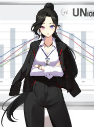 Rule 34 | 1girl, :o, bai winchester, bar graph, black hair, black jacket, black pants, blurry, blurry background, breasts, business suit, cleavage, closers, collared shirt, cowboy shot, crossed arms, dress shirt, formal, frown, graph (object), heterochromia, highres, id card, jacket, jacket on shoulders, jewelry, lanyard, long hair, long sleeves, looking at viewer, medium breasts, office lady, official art, pant suit, pants, pendant, pink eyes, ponytail, purple eyes, shirt, shirt tucked in, solo, suit, suit jacket, very long hair, watch, white background, white shirt, wristwatch