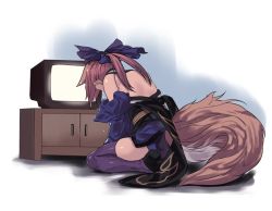 Rule 34 | 10s, 1girl, animal ears, crying, detached sleeves, fate/extra, fate (series), fox ears, japanese clothes, kimono, obi, off shoulder, pink hair, purple thighhighs, sash, sitting, solo, tamamo (fate), tamamo no mae (fate/extra), tangamja, television, thighhighs, thighs, wariza