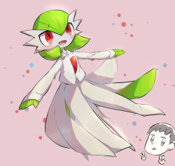 Rule 34 | absurdres, blush, chibi, chibi inset, clothed pokemon, collared shirt, commentary request, creatures (company), double v, full body, game freak, gardevoir, gen 3 pokemon, highres, long sleeves, looking at viewer, nintendo, nullma, open mouth, outstretched arms, pink background, pokemon, pokemon (creature), red eyes, shirt, smile, tongue, v, white shirt