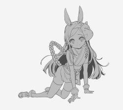 Rule 34 | 1girl, all fours, animal ears, bad id, bad pixiv id, detached sleeves, elin, gloves, greyscale, long hair, mask, monochrome, ninja, no tail, rabbit ears, sandals, shuf, simple background, smile, solo, tera online, thighhighs, white background