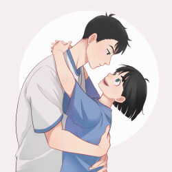 Rule 34 | 1boy, 1girl, after school lessons for unripe apples, black hair, blue shirt, bob cut, commentary, eye contact, green eyes, grey background, height difference, hetero, highres, hug, hwang mi-ae, kim cheol, looking at another, looking down, looking up, palettebaibailu, shirt, short hair, short sleeves, simple background, standing, thick eyebrows, white shirt