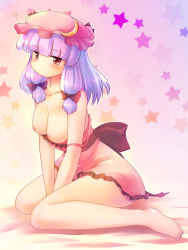 Rule 34 | 1girl, barefoot, blush, breasts, crescent, crescent moon, female focus, hat, highres, large breasts, moon, nipples, patchouli knowledge, purple hair, solo, strap slip, tdk, touhou