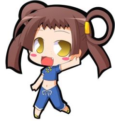 Rule 34 | 1girl, 428, 428: fuusa sareta shibuya de, :3, blush, blush stickers, brown hair, canaan (series), chibi, china dress, chinese clothes, chunsoft, dress, fang, female focus, full body, lowres, midriff, pac-man eyes, simple background, smile, solo, suntail, twintails, white background, yunyun (canaan)