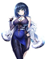 Rule 34 | 1girl, absurdres, asymmetrical gloves, bad id, bad twitter id, bare shoulders, black gloves, black hair, black pants, blue dress, blue eyes, blue hair, blush, bob cut, breasts, cleavage, cleavage cutout, clothing cutout, diagonal bangs, dice, dress, earrings, fingerless gloves, fur-trimmed jacket, fur trim, genshin impact, gloves, green eyes, grin, hanasaka houcha, hand up, highres, jacket, jacket on shoulders, jewelry, large breasts, long sleeves, looking at viewer, mismatched gloves, mole, mole on breast, multicolored hair, neck ring, pants, parted lips, pelvic curtain, revision, short hair, simple background, smile, solo, tassel, thighs, tight clothes, tight pants, two-tone hair, white background, white jacket, yelan (genshin impact)