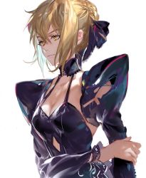Rule 34 | 1girl, artoria pendragon (all), artoria pendragon (fate), bad id, bad twitter id, blonde hair, bow, braid, braided bun, breasts, cleavage, closed mouth, detached sleeves, dress, fate/stay night, fate (series), hair bow, hair bun, highres, hoojiro, juliet sleeves, long sleeves, medium breasts, puffy sleeves, purple bow, purple dress, saber alter, simple background, single hair bun, slit pupils, solo, upper body, white background, yellow eyes