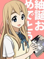 Rule 34 | 1girl, blonde hair, blue eyes, ipad, k-on!, knives (knives777), kotobuki tsumugi, long hair, school uniform, simple background, solo, tablet pc