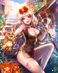 Rule 34 | 1girl, blonde hair, blush, breasts, china dress, chinese clothes, cleavage, company name, dress, earrings, eu (euspia), flower, hair flower, hair ornament, holding, holding sheath, jewelry, jian (weapon), large breasts, long hair, looking at viewer, maboroshi juuhime, parted lips, red eyes, sheath, sheathed, sitting, sleeveless, smile, solo, sword, thighhighs, weapon, white thighhighs