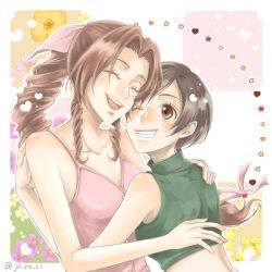 Rule 34 | 2girls, aerith gainsborough, bare shoulders, black hair, braid, braided ponytail, breasts, brown eyes, brown hair, cleavage, closed eyes, crop top, dress, final fantasy, final fantasy vii, final fantasy vii remake, green shirt, grin, hair ribbon, hand on another&#039;s shoulder, hug, jo ro ri, long hair, looking at another, medium breasts, multiple girls, one eye closed, open mouth, parted bangs, pink dress, pink ribbon, ribbon, shirt, short hair, sidelocks, sleeveless, sleeveless dress, sleeveless turtleneck, smile, swept bangs, teeth, turtleneck, upper body, yuffie kisaragi