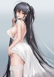 Rule 34 | 1girl, absurdres, afpl (parrotz4), ahoge, arm strap, ass, azur lane, back, backless dress, backless outfit, black hair, breasts, dress, garter straps, hair ornament, hand in own hair, highres, large breasts, long hair, looking at viewer, looking back, official alternate costume, red eyes, side ponytail, sideboob, solo, taihou (azur lane), taihou (temptation on the sea breeze) (azur lane), thighhighs, thighs, very long hair, wedding dress, white dress, white thighhighs