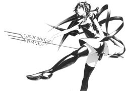 Rule 34 | 1girl, asymmetrical wings, between legs, black thighhighs, dress, female focus, greyscale, houjuu nue, monochrome, polearm, realistic, short hair, solo, sousou (sousouworks), spear, thighhighs, touhou, trident, weapon, wings, zettai ryouiki