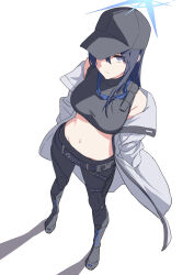 Rule 34 | 1girl, absurdres, bare shoulders, baseball cap, belt, black eyes, black hair, black hat, black pants, black shirt, blue archive, boots, breasts, closed mouth, coat, crop top, full body, grey jacket, hat, highres, jacket, long hair, looking at viewer, medium breasts, midriff, navel, ochiaki, off shoulder, open clothes, open coat, open jacket, pants, saori (blue archive), shadow, shirt, simple background, sleeveless, sleeveless shirt, solo, standing, turtleneck, white background