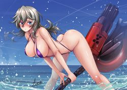 Rule 34 | 1girl, adsouto, alisa ilinichina amiella, ass, bikini, blue eyes, blush, breasts, butt crack, collarbone, god eater, highres, holding, holding weapon, huge weapon, large breasts, long hair, looking at viewer, namco, ocean, partially submerged, shiny skin, signature, slingshot swimsuit, solo, swimsuit, water, weapon, wet
