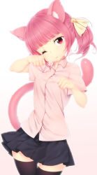 Rule 34 | 1girl, ;p, animal ears, black thighhighs, blunt bangs, blush, cat ears, cat tail, dress shirt, hair ribbon, looking at viewer, one eye closed, original, paw pose, pink eyes, pink hair, pleated skirt, ribbon, shirt, short sleeves, simple background, skirt, smile, solo, tail, tareme, thigh gap, thighhighs, tongue, tongue out, twintails, white background, zettai ryouiki, zizi (zz22)