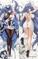 Rule 34 | 1girl, ass, azur lane, bed sheet, between buttocks, black footwear, blue eyes, blue hair, bodysuit, breasts, brown bodysuit, butt crack, closed mouth, covering nipples, covering privates, dakimakura (medium), dress, gloves, hair between eyes, highres, large breasts, legs, long hair, looking at viewer, lying, multiple views, new jersey (azur lane), new jersey (snow-white ceremony) (azur lane), on back, on stomach, shoes, sideboob, smile, tony guisado, watermark, web address, white dress, white gloves