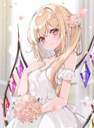 Rule 34 | 1girl, absurdres, alternate costume, blonde hair, blush, bouquet, closed mouth, collarbone, crystal, dress, fingernails, flandre scarlet, flower, hair between eyes, haruki (colorful macaron), highres, holding, holding bouquet, long hair, one side up, petals, pink flower, red eyes, short sleeves, smile, solo, touhou, twitter username, upper body, white dress, wings