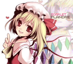 Rule 34 | 1girl, ascot, blonde hair, character name, commentary request, crystal, fang, flandre scarlet, hat, hat ribbon, heart, koyuki (rico), looking at viewer, medium hair, mob cap, one side up, open mouth, puffy short sleeves, puffy sleeves, red eyes, red ribbon, red vest, ribbon, shirt, short sleeves, smile, solo, touhou, upper body, vest, white background, white hat, white shirt, wings, yellow ascot, zoom layer