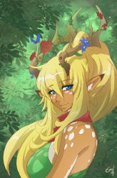 Rule 34 | 1girl, blonde hair, blue eyes, breasts, furry, furry female, horns, hushabye, large breasts, long hair, looking at viewer, original, outdoors, pointy ears, smile, solo