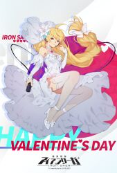 Rule 34 | 1girl, ahoge, bare shoulders, blonde hair, blue eyes, breasts, cleavage, copyright name, detached sleeves, dress, earpiece, flower, full body, hair flower, hair ornament, happy valentine, high heels, highres, holding, holding microphone, iron saga, logo, long hair, medium breasts, microphone, official art, orange eyes, second-party source, smile, solo, taylor (iron saga), thighhighs, veil, wedding dress, white dress