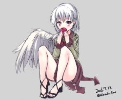 Rule 34 | 1girl, apple, artist name, bare legs, blush, braid, collared shirt, dated, ears, eating, feathered wings, feet, food, french braid, fruit, grey background, hand to own mouth, hands to own mouth, high heels, holding, holding food, jacket, kishin sagume, knees up, legs, long sleeves, looking at viewer, one-hour drawing challenge, red eyes, shamuichi, shirt, shoes, short hair, simple background, single wing, sitting, skirt, solo, thighs, toes, touhou, two-handed, white hair, wings