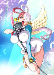 Rule 34 | 1girl, 2022, angel wings, bare legs, bare shoulders, between breasts, breast press, breasts, curvy, dated, dress, feathers, hair over one eye, headphones, highres, holding, holding microphone, idol, kon-kit, large breasts, long hair, long sleeves, looking at viewer, microphone, multicolored hair, object on breast, one piece, one piece film: red, purple eyes, red hair, short dress, smile, solo, tongue, tongue out, two-tone hair, uta (one piece), very long hair, white dress, white hair, wide hips, wings