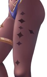 Rule 34 | 1girl, absurdres, ass, blue leotard, bodystocking, close-up, genshin impact, gold trim, highres, legs, leotard, lower body, mona (genshin impact), pantyhose, simple background, solo, star (symbol), thighlet, thighs, white background, yumeto (ym-1)