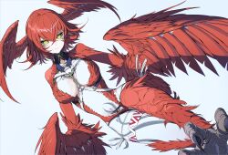 Rule 34 | 1girl, absurdres, black sclera, breasts, colored sclera, colored skin, commission, feathered wings, grey background, harpy, head wings, highres, looking at viewer, medium breasts, monster girl, navel, original, panko (drive co), red hair, short hair, skeb commission, solo, talons, white skin, winged arms, wings, yellow eyes