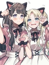 Rule 34 | 2girls, :3, airan alp, animal ears, apron, aqua hair, black ribbon, blonde hair, blue eyes, blush, brown hair, cat ears, claw pose, closed eyes, collared dress, cosplay, dress, fake animal ears, fang, frilled apron, frilled cuffs, frills, fujishima megumi, fujishima megumi (cosplay), gradient hair, heart, heart hands, heart hands duo, highres, link! like! love live!, long hair, looking at viewer, love live!, m&#039;s one day (love live!), maid apron, maid headdress, mira-cra park!, multicolored hair, multiple girls, neck ribbon, notice lines, open mouth, osawa rurino, parted bangs, paw pose, pink dress, pink wrist cuffs, puffy short sleeves, puffy sleeves, purple eyes, ribbon, short sleeves, simple background, skin fang, sweatdrop, twintails, two side up, upper body, virtual youtuber, white apron, white background, wrist cuffs