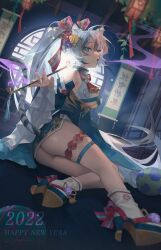 Rule 34 | 1girl, 2022, :o, absurdly long hair, absurdres, ahoge, animal ear fluff, animal ears, aqua eyes, aqua footwear, aqua kimono, artist name, ass, backlighting, ball, banner, bare shoulders, blue background, bow, breasts, cat ears, cat girl, cat tail, ceiling, colored smoke, commentary, english commentary, eyebrows hidden by hair, eyes visible through hair, facepaint, floor, flower, footwear bow, full body, grey hair, grey tail, hair between eyes, hair bow, hair flower, hair ornament, hair stick, hand up, hanging light, happy new year, high collar, high heels, highres, holding, holding smoking pipe, indoors, japanese clothes, jyuma, kimono, kiseru, lantern, large breasts, lattice, leaf, long hair, looking at viewer, looking to the side, lying, neck tassel, new year, on floor, on side, original, paper lantern, parted lips, pink bow, pink flower, ponytail, purple flower, raised eyebrows, sidelocks, signature, sleeves past elbows, smoke, smoking pipe, socks, striped, striped bow, tail, tail raised, text print, thigh strap, translation request, tsurime, underboob, very long hair, wall, white socks, wide sleeves, window, yellow flower