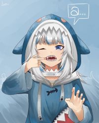 Rule 34 | 1girl, a (phrase), animal hood, blue background, blue eyes, blue hair, blunt bangs, claw pose, commentary, english commentary, eyebrows hidden by hair, gawr gura, gawr gura (1st costume), highres, hololive, hololive english, hood, lixveb, looking at viewer, medium hair, mouth pull, multicolored hair, one eye closed, open mouth, saliva, shark hood, sharp teeth, silver hair, solo, speech bubble, streaked hair, teeth, virtual youtuber