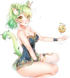 Rule 34 | 1girl, animal ear fluff, animal ears, antlers, apple, armpit peek, bare arms, bare legs, bare shoulders, blue dress, blush, braid, branch, breasts, cat ears, cat girl, cat tail, ceres fauna, cleavage, collarbone, commentary, dress, english commentary, extra ears, flower, food, frilled dress, frills, fruit, golden apple, green hair, hair flower, hair ornament, highres, hololive, hololive english, horns, large breasts, leaf, looking at viewer, looking to the side, medium hair, open mouth, ponytail, puppypaww, revision, single thighhigh, sitting, solo, strapless, strapless dress, tail, tail raised, thighhighs, virtual youtuber, wavy hair, white background, white flower, white thighhighs, yellow eyes, zettai ryouiki