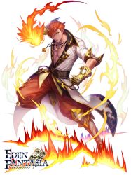 Rule 34 | 1boy, box (hotpppink), commentary request, eden fantasia, fire, irvine (eden fantasia), jacket, jewelry, leg armor, male focus, necklace, official art, open clothes, open jacket, orange hair, pants, red pants, solo, white jacket