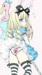 Rule 34 | 1girl, alice in wonderland, animal ears, ass, blonde hair, dress, elin, emily (pure dream), from behind, long hair, looking back, no tail, panties, pantyshot, print panties, purple eyes, rabbit ears, solo, staff, standing, striped clothes, striped thighhighs, tera online, thighhighs, underwear, upskirt, weapon, wind, wind lift