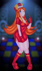 Rule 34 | animated, blue eyes, breasts, cleavage, dancing, disco, dress, food, full body, jammed dress, legs, lowres, mona (warioware), nintendo, orange hair, pocky, red skirt, skirt, slinky dress, tagme, tight clothes, tight dress, warioware