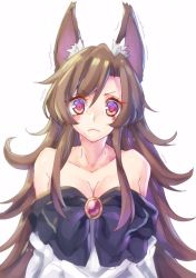 Rule 34 | 1girl, animal ears, bare shoulders, blush, breasts, brooch, brown eyes, brown hair, cleavage, dress, highres, imaizumi kagerou, jewelry, kyouda suzuka, long hair, looking at viewer, medium breasts, red eyes, simple background, sketch, solo, touhou, trembling, wavy mouth, white background, wolf ears